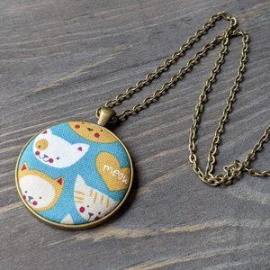 Fabric Cabochon Necklace with Blue, White, & Tan Cat Pattern